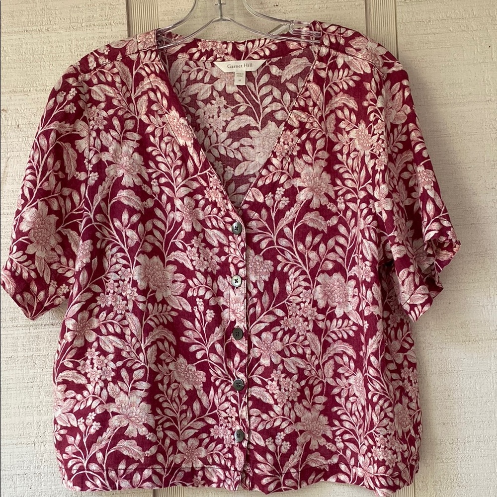 Garnet Hill Cream and Red Boxy Button Down Blouse